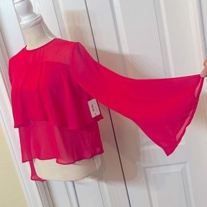 NWT Hot Pink Blouse. Flare sleeves, semi sheer, size Small.